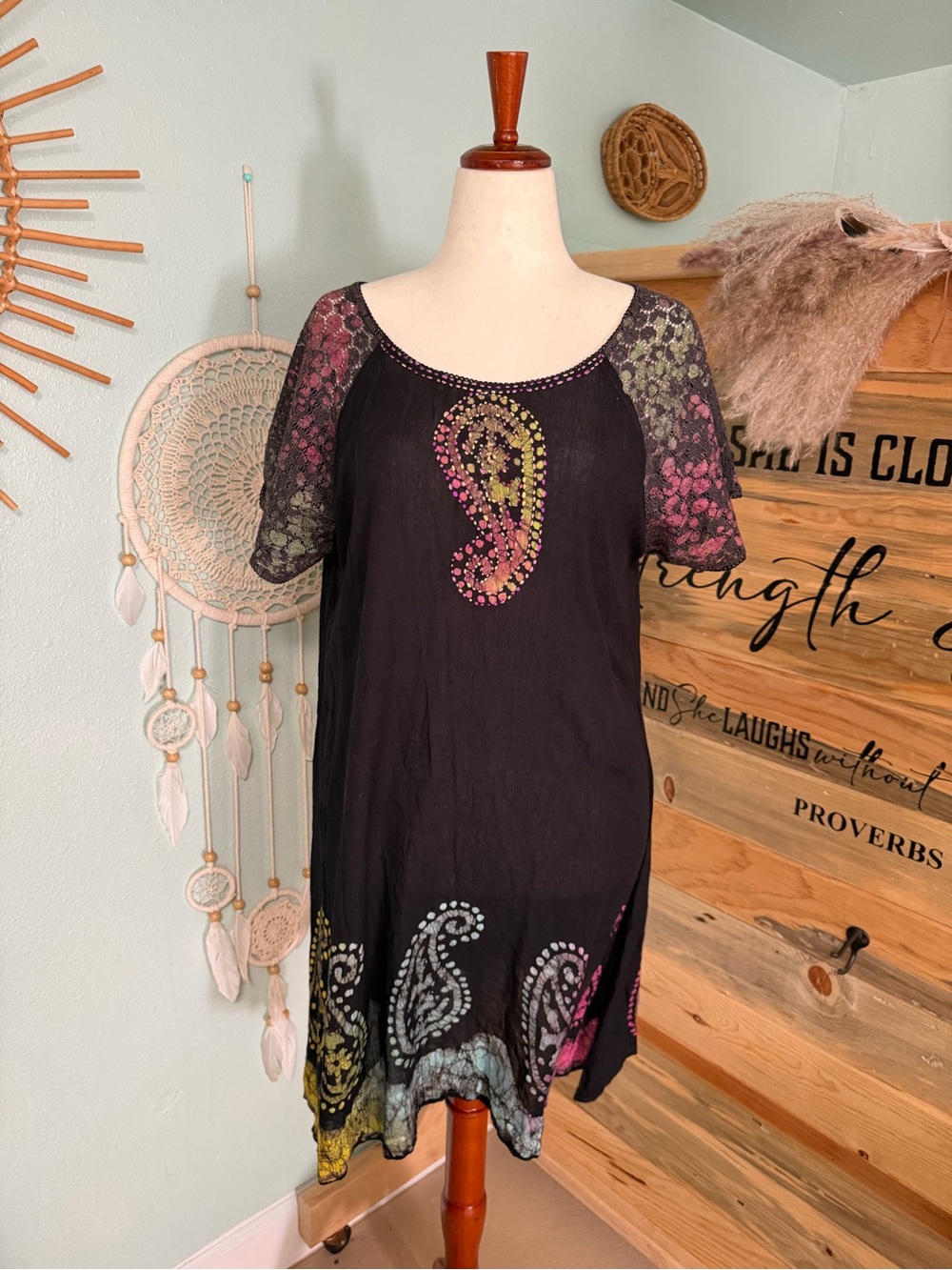 Shoreline Black Paisley-Print Short Sleeve Tunic with Multicolor Accents
